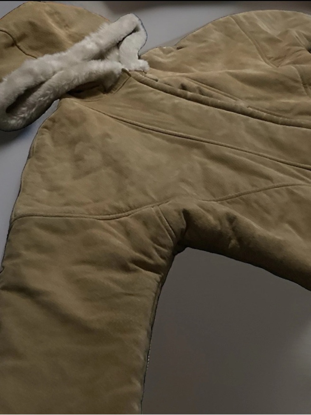 Marvin Richards Tan Faux Suede Hooded Coat with Cream Sherpa Trim